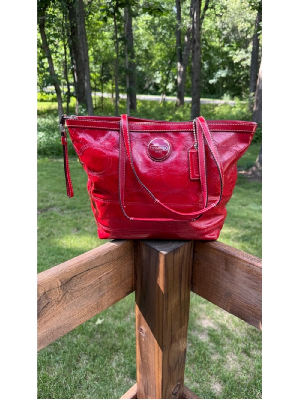 Coach Y2K Signature Patent Leather Zip Top Tote Red Style F15142 - Picture 2 of 11